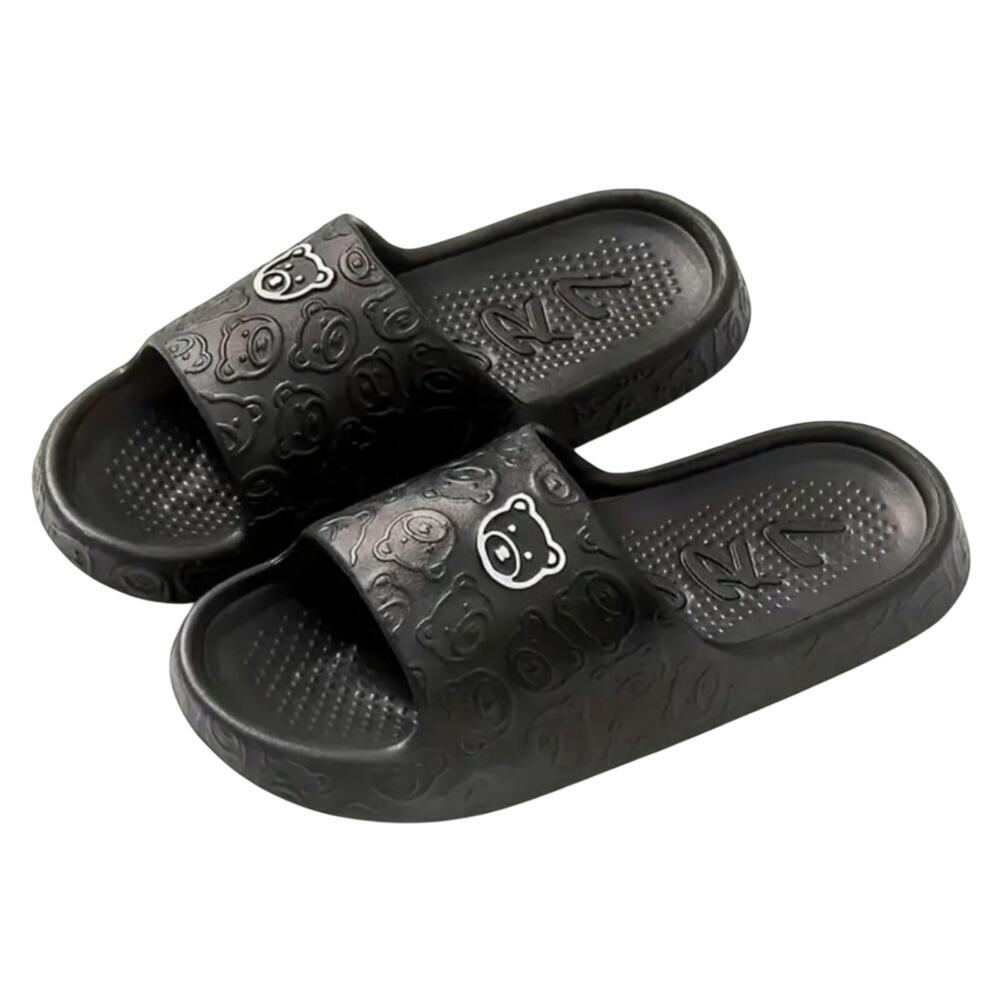 Women's  Cartoon Bear Slippers Lightweight in Black, Size 8.5-9​
